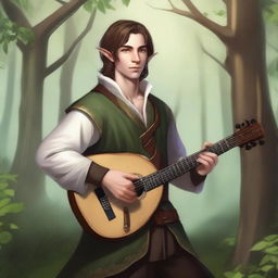 A lawful good half-elf bard with brown hair