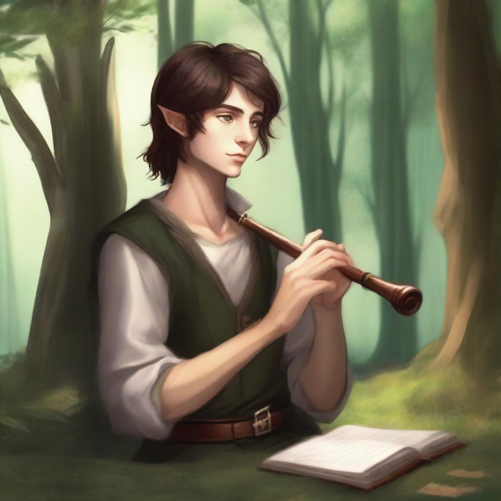 A young half-elf bard with a lawful good alignment, thirsting for knowledge to write stories and poetry