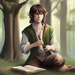 A young half-elf bard with a lawful good alignment, thirsting for knowledge to write stories and poetry