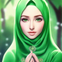 A beautiful elf with mesmerizing green eyes, wearing a hijab or headscarf that covers her hair