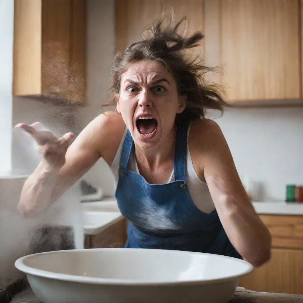 A scene of a woman washing dishes, her face contorted with an explosive rage, eyes blazing, her entire being radiating an aura of fury and frustration