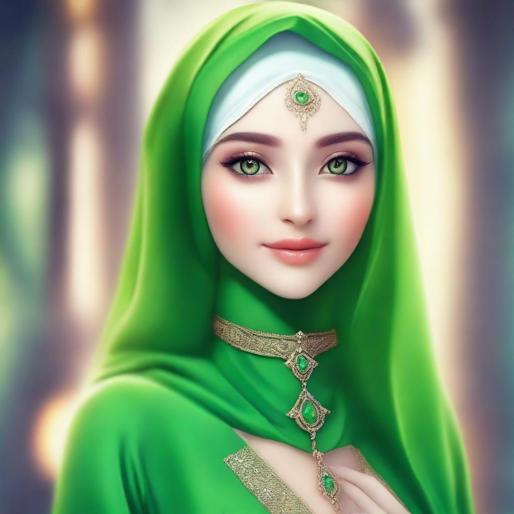 A beautiful elf with mesmerizing green eyes, wearing a hijab or headscarf that covers her hair