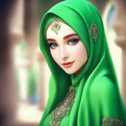 A beautiful elf with mesmerizing green eyes, wearing a hijab or headscarf that covers her hair