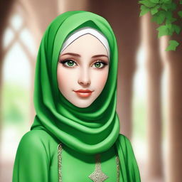 A beautiful elf with mesmerizing green eyes, wearing a hijab or headscarf that covers her hair