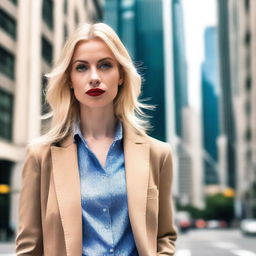 A beautiful blonde woman with striking features, dressed in stylish clothing, standing confidently in an urban setting