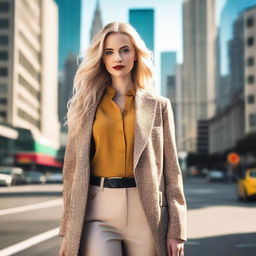 A beautiful blonde woman with striking features, dressed in stylish clothing, standing confidently in an urban setting