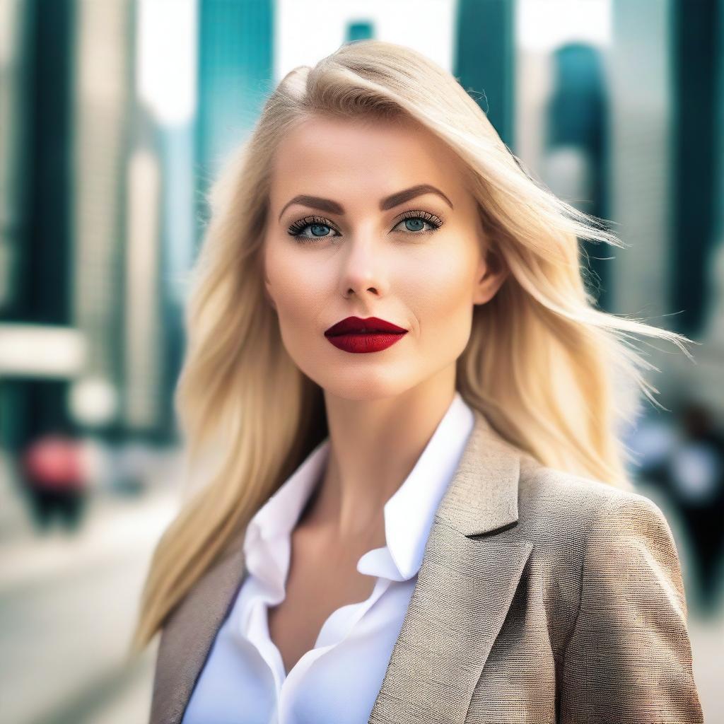 A beautiful blonde woman with striking features, dressed in stylish clothing, standing confidently in an urban setting