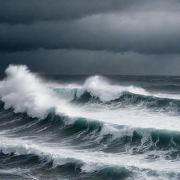 A restless sea in turmoil causing havoc, with massive, rough waves crashing against each other under the stormy sky.