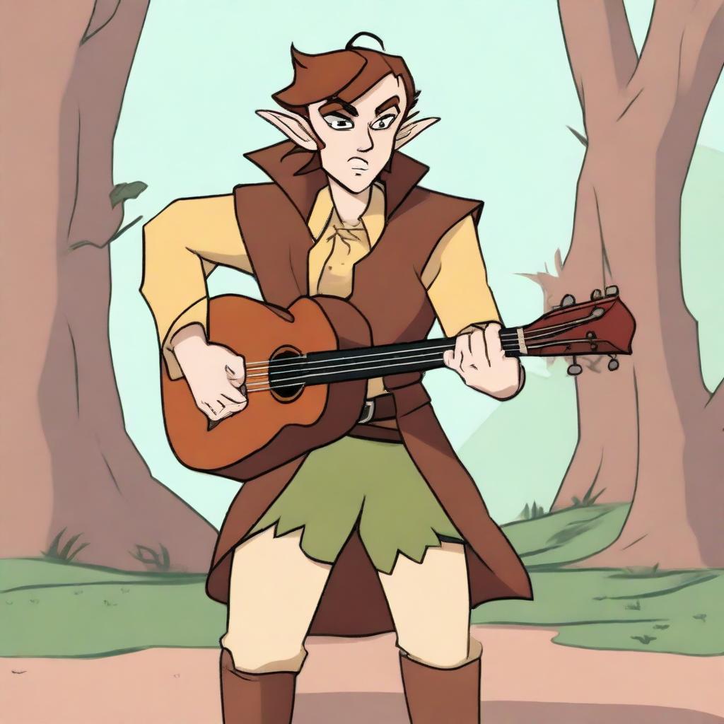 An angry half-elf bard with brown hair, depicted in the style of a 2000s cartoon