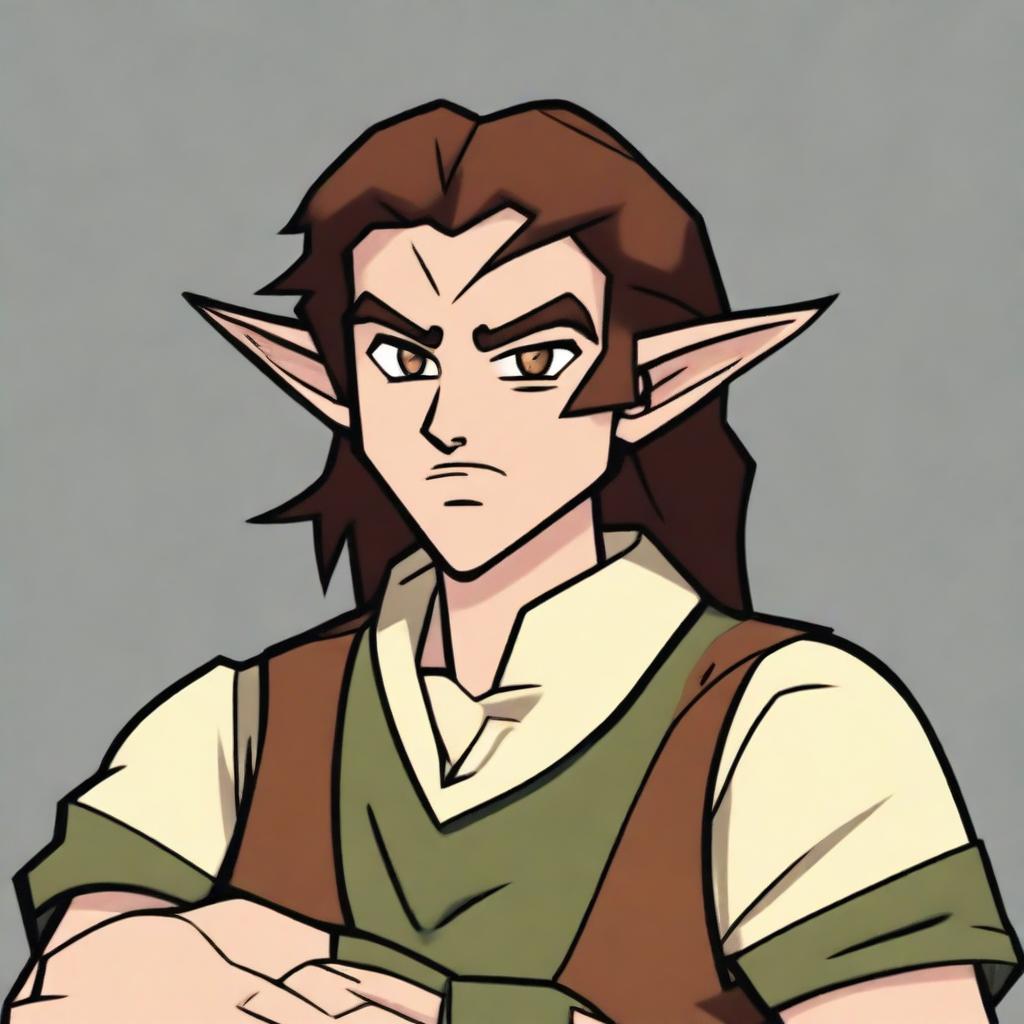 An angry half-elf bard with brown hair, depicted in the style of a 2000s cartoon