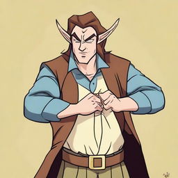 An angry half-elf bard with brown hair, depicted in the style of a 2000s cartoon