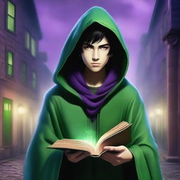 A teen human wizard with black hair and a serious expression, wearing a green hood and green cloak, holding a spell book in one hand