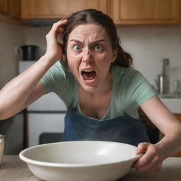 A scene of a woman washing dishes, her face contorted with an explosive rage, eyes blazing, her entire being radiating an aura of fury and frustration