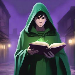 A teen human wizard with black hair and a serious expression, wearing a green hood and green cloak, holding a spell book in one hand