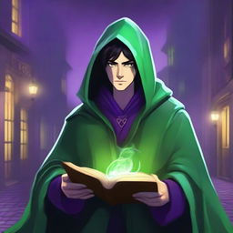 A teen human wizard with black hair and a serious expression, wearing a green hood and green cloak, holding a spell book in one hand