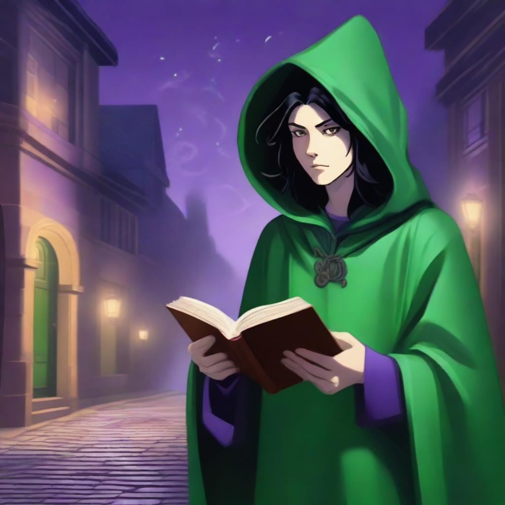 A teen human wizard with black hair and a serious expression, wearing a green hood and green cloak, holding a spell book in one hand