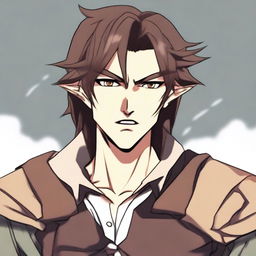 An angry half-elf bard with brown hair, depicted in anime style