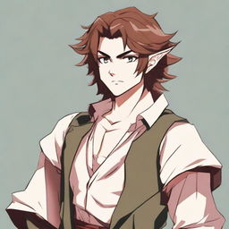 An angry half-elf bard with brown hair, depicted in anime style