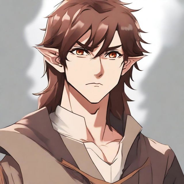 An angry half-elf bard with brown hair, depicted in anime style