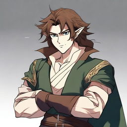 An angry half-elf bard with brown hair, depicted in anime style