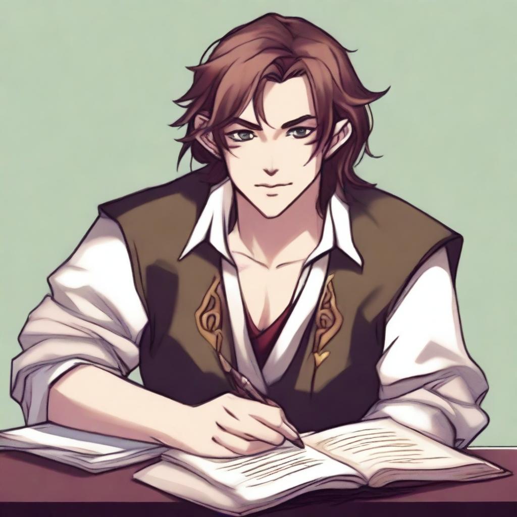 A lawful good half-elf bard with brown hair styled in typical anime fashion, writing in a book