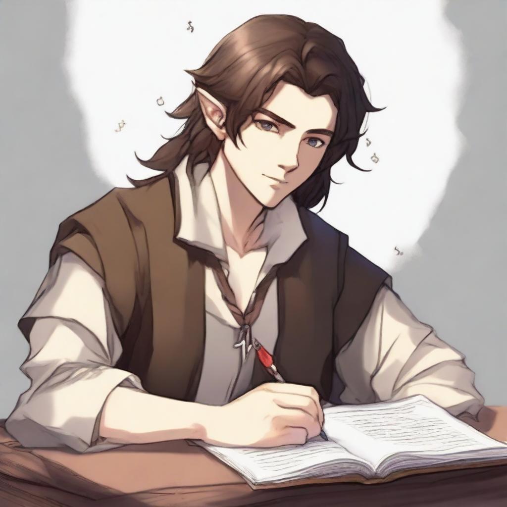 A lawful good half-elf bard with brown hair styled in typical anime fashion, writing in a book