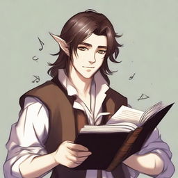 A lawful good half-elf bard with brown hair styled in typical anime fashion, writing in a book