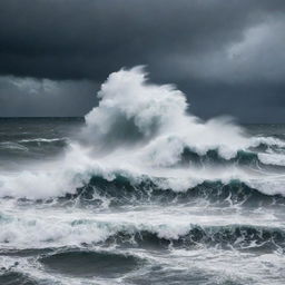 A restless sea in turmoil causing havoc, with massive, rough waves crashing against each other under the stormy sky.