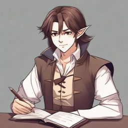 A lawful good half-elf bard with brown hair styled in typical anime fashion, writing in a book