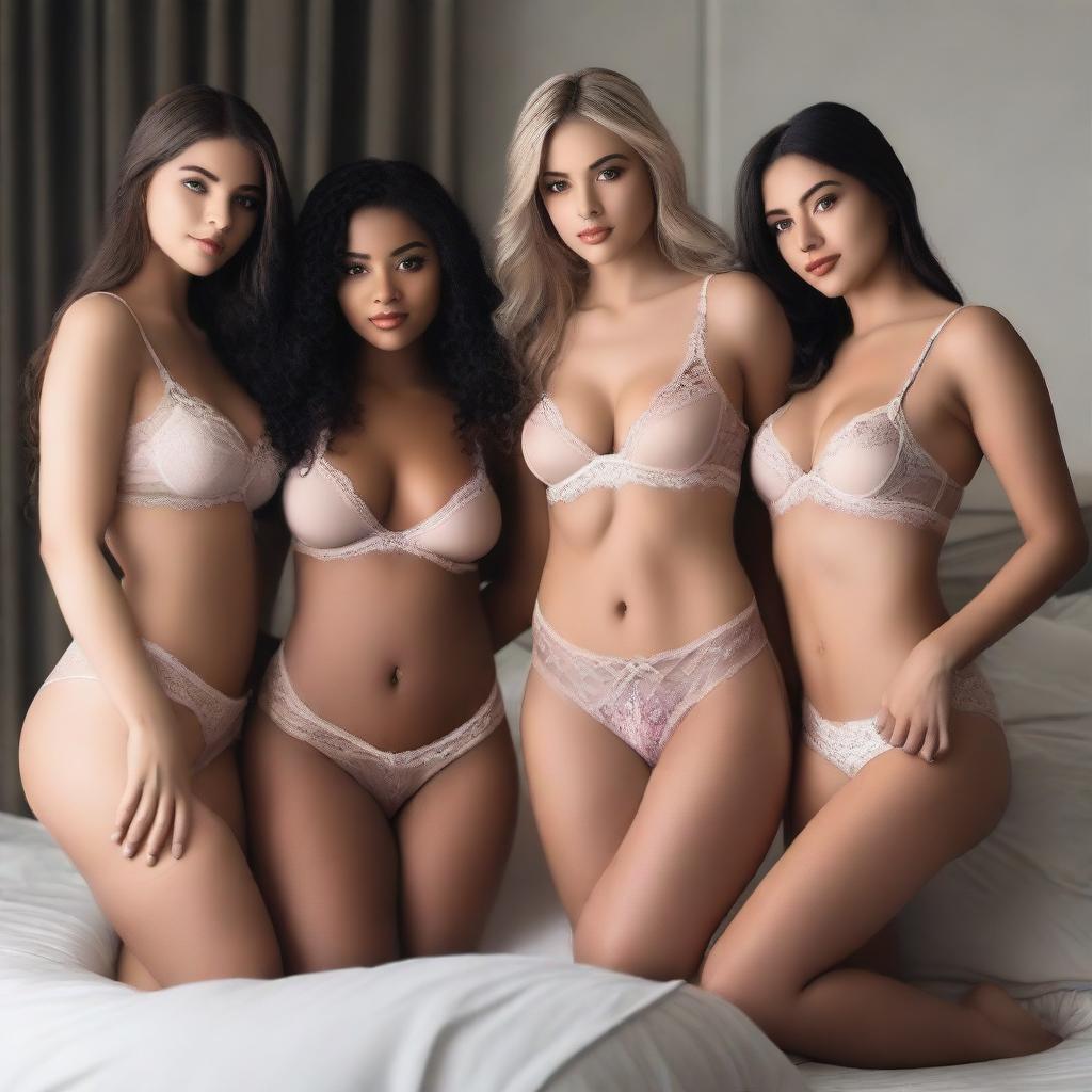 A group of attractive women wearing lingerie, posing seductively