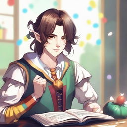 A lawful good half-elf bard with brown hair styled in typical anime fashion, wearing a colorful clown costume, writing in a book