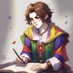 A lawful good half-elf bard with brown hair styled in typical anime fashion, wearing a colorful clown costume, writing in a book