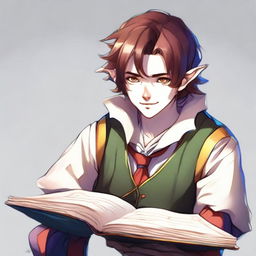 A lawful good half-elf bard with brown hair styled in typical anime fashion, wearing a colorful clown costume, writing in a book