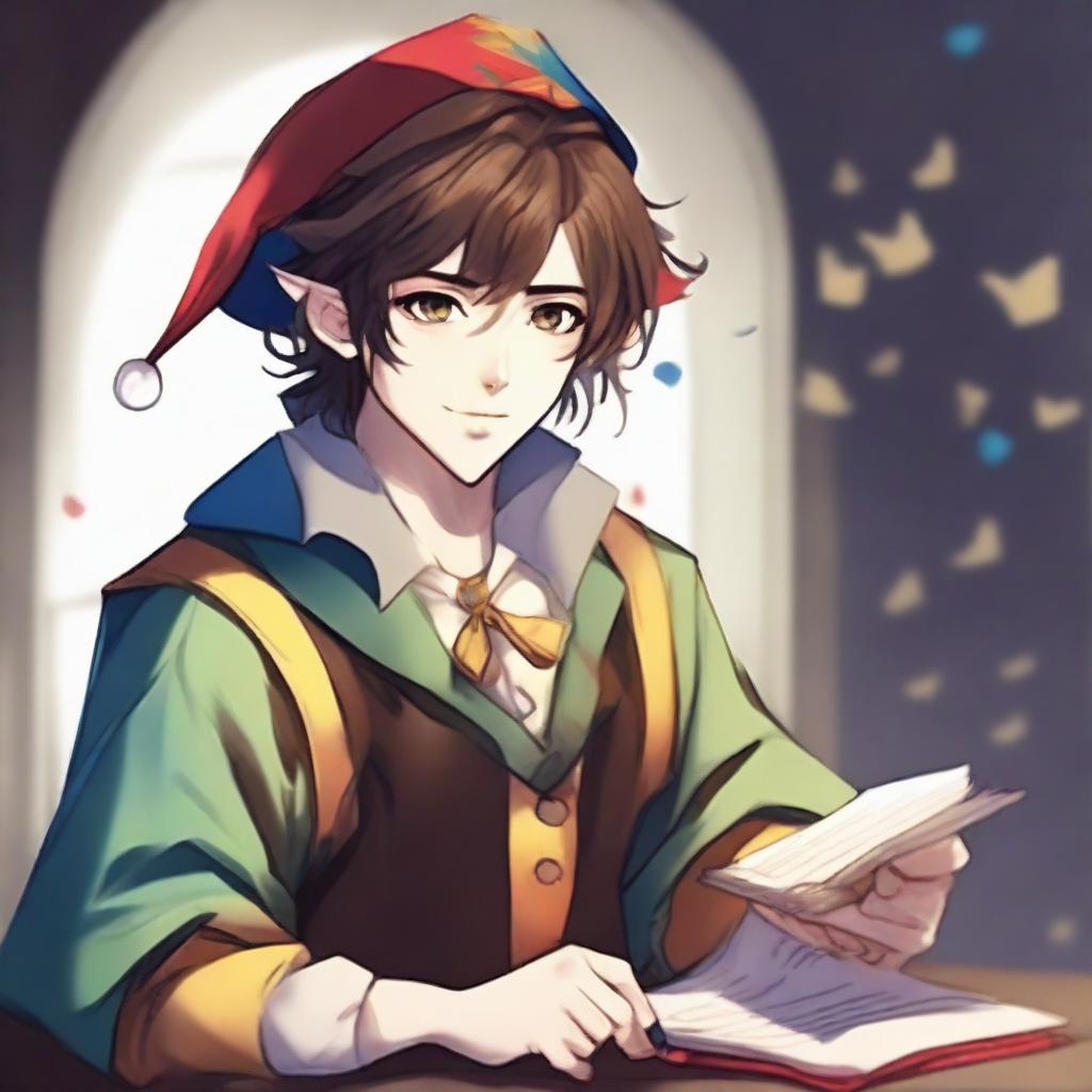 A lawful good half-elf bard with brown hair styled in typical anime fashion, wearing a colorful clown costume, writing in a book