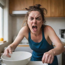 A scene of a woman washing dishes, her face contorted with an explosive rage, eyes blazing, her entire being radiating an aura of fury and frustration