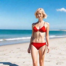 A person with short blonde hair wearing a red bikini, standing confidently on a beach with a clear blue sky and calm ocean in the background