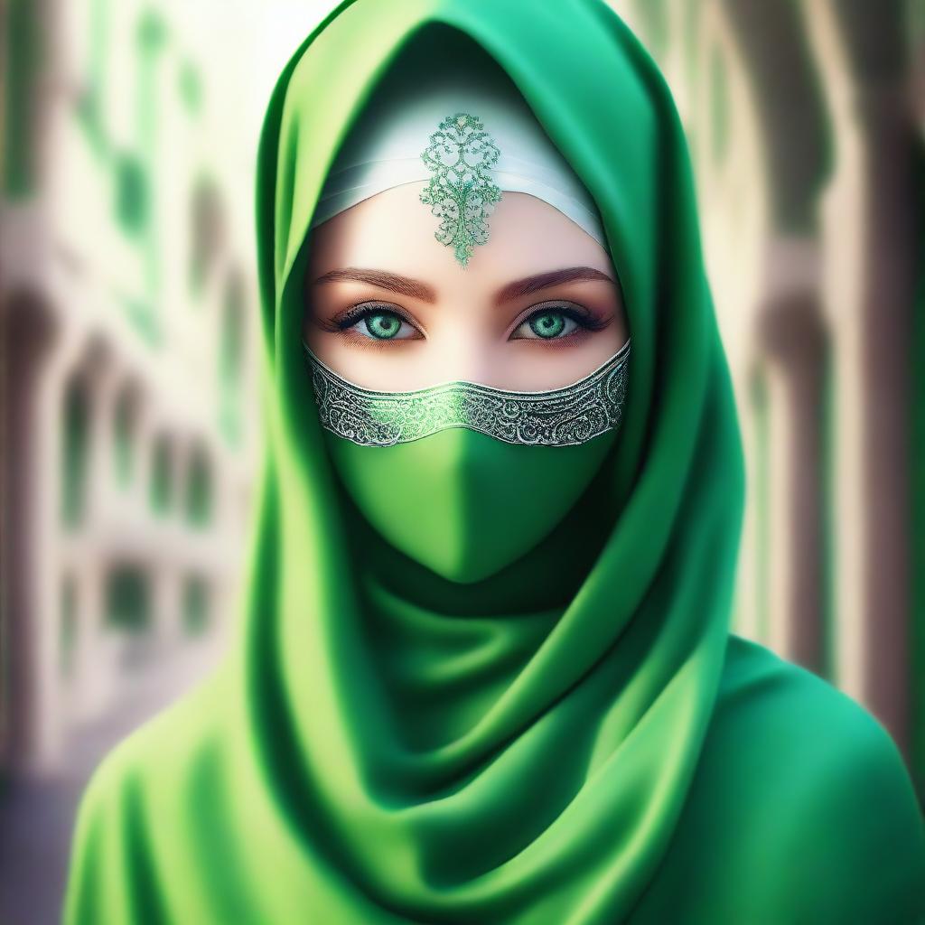 A beautiful elf with mesmerizing green eyes, wearing a hijab or headscarf and a mask covering all her face except the eyes