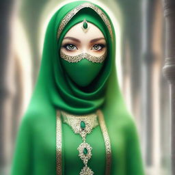 A beautiful elf with mesmerizing green eyes, wearing a hijab or headscarf and a mask covering all her face except the eyes