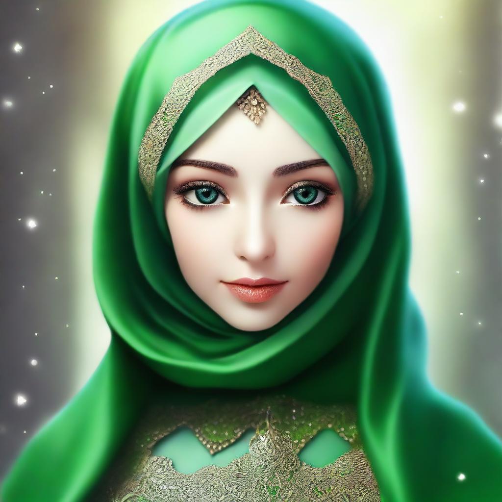 A beautiful elf with mesmerizing green eyes, wearing a hijab or headscarf and a mask covering all her face except the eyes