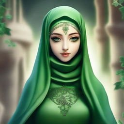 A beautiful elf with mesmerizing green eyes, wearing a hijab or headscarf and a mask covering all her face except the eyes