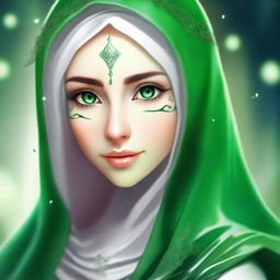 A beautiful elf with mesmerizing green eyes, wearing a hijab or headscarf and a mask covering all her face except the eyes