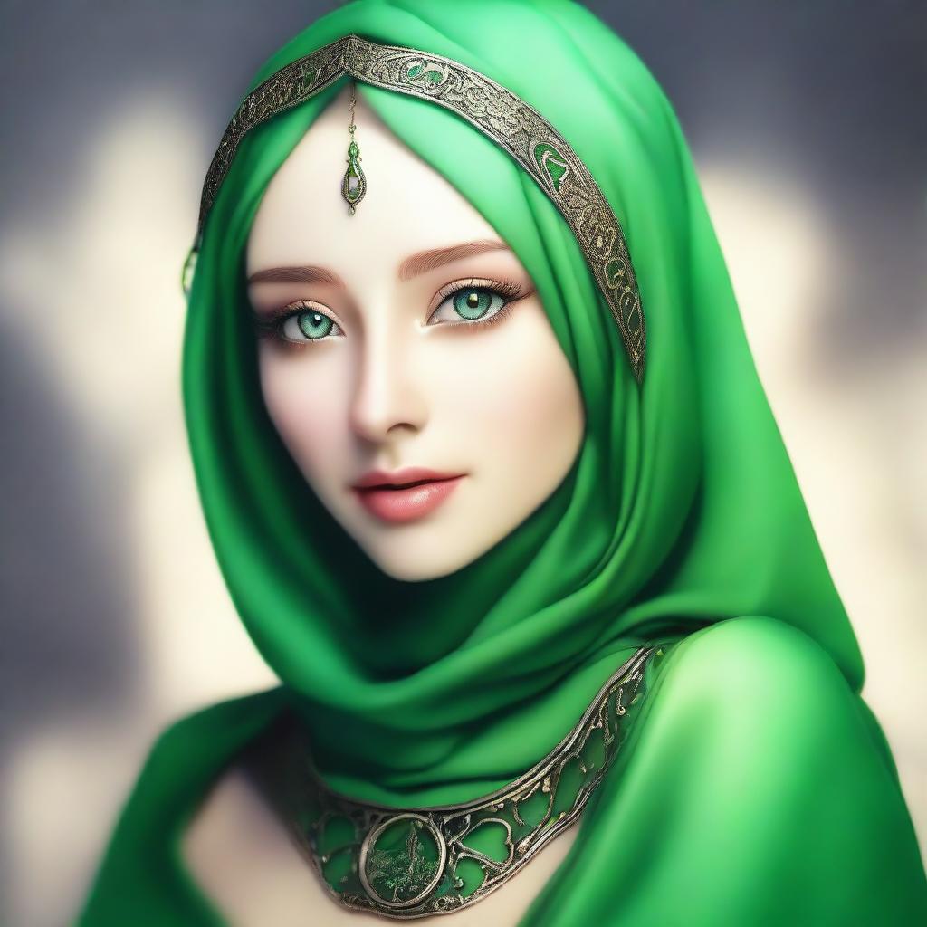 A beautiful elf with mesmerizing green eyes, wearing a hijab or headscarf and a mask covering all her face except the eyes