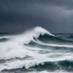 A restless sea in turmoil causing havoc, with massive, rough waves crashing against each other under the stormy sky.