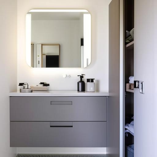 A neat and modern washroom with a stylish vanity sink, a sleek washbasin, and a built-in closet for ample storage