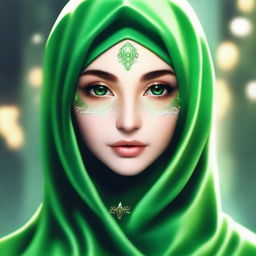 A beautiful elf with mesmerizing green eyes, wearing a hijab or headscarf and a mask covering all her face except the eyes