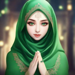 A beautiful elf with mesmerizing green eyes, wearing a hijab or headscarf and a mask covering all her face except the eyes