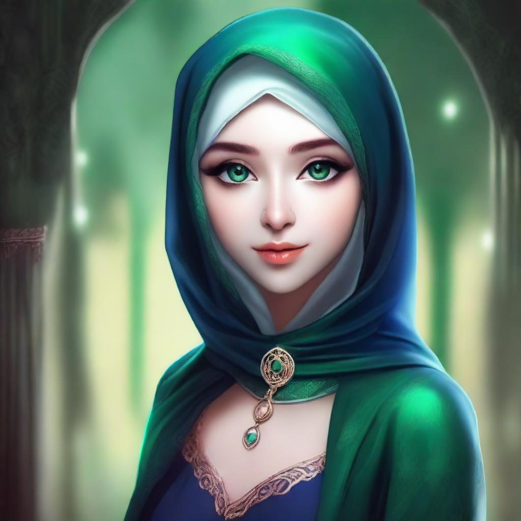 A beautiful elf with mesmerizing green eyes, wearing a hijab or headscarf and a mask covering all her face except the eyes