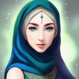 A beautiful elf with mesmerizing green eyes, wearing a hijab or headscarf and a mask covering all her face except the eyes