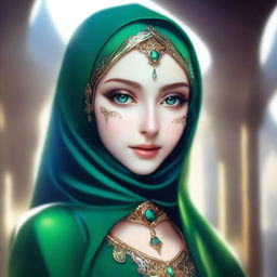 A beautiful elf with mesmerizing green eyes, wearing a hijab or headscarf and a mask covering all her face except the eyes