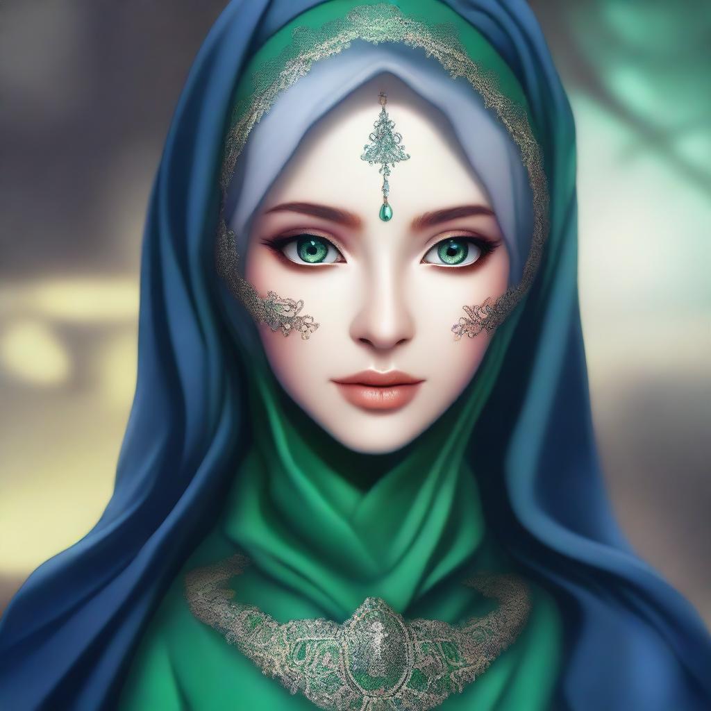 A beautiful elf with mesmerizing green eyes, wearing a hijab or headscarf and a mask covering all her face except the eyes